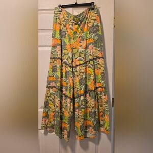 Wide Tiered Maxi Skirt in Olive with Coral Floral Print